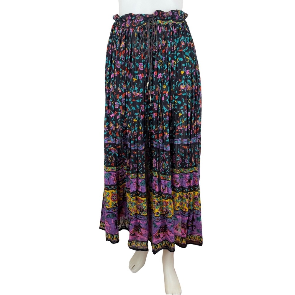 Vintage India Cotton Semi Sheer Gauze Floral Elephant Maxi Skirt Boho Elephants - Picture 2 of 16